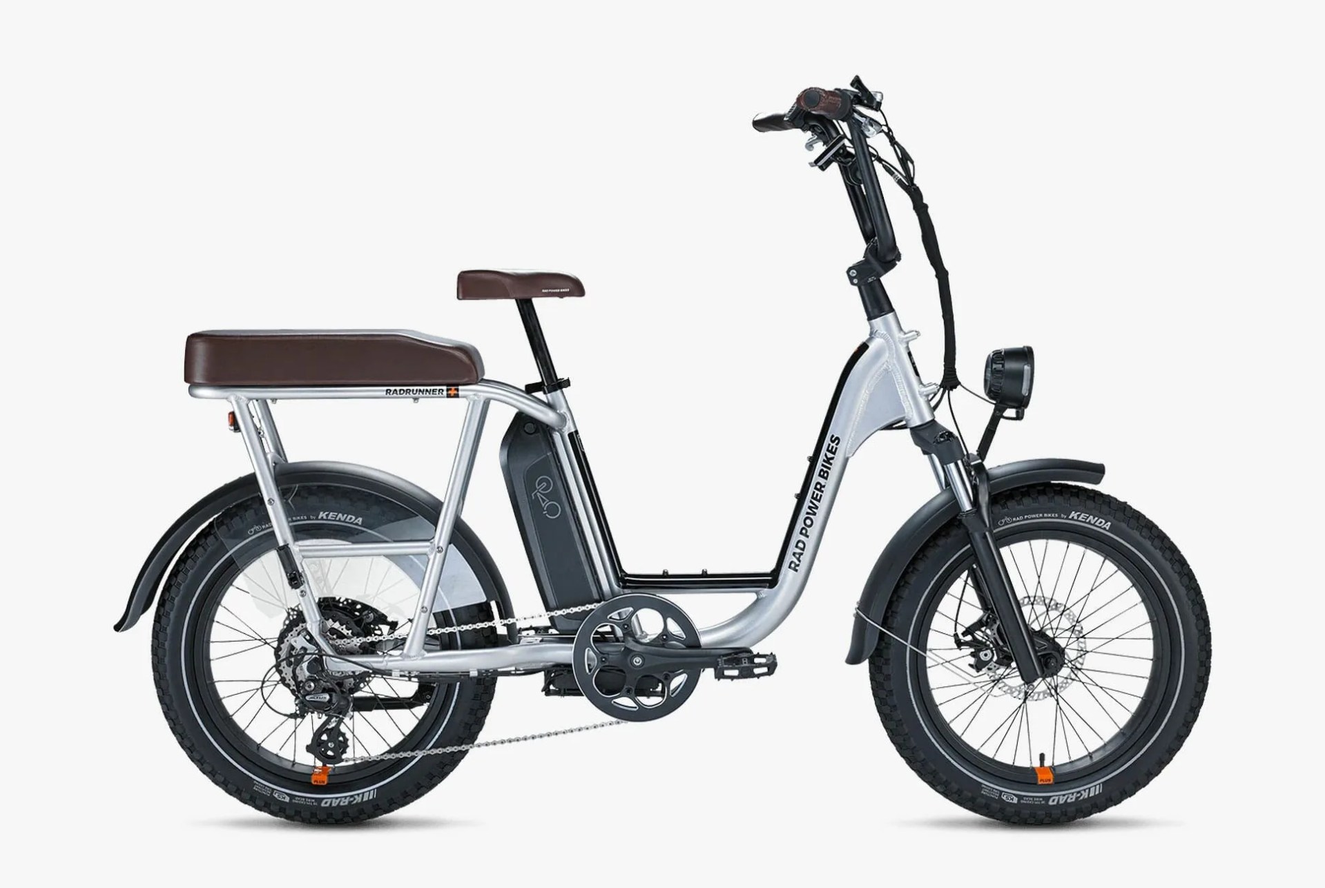 a compact silver e bike with an extra seat on a white background