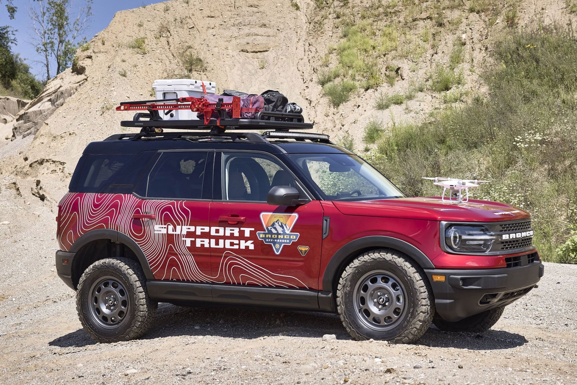 bronco sport off roadeo adventure patrol designed for the upcoming bronco off roadeo customer adventure playgrounds, this bronco sport badlands build is equipped to assist in the wild with its yakima locknload cargo platform to hold recovery gear like a high lift jack, recovery boards and jerry cans a ford performance by rigid off road led lightbar also mounts to the rack system to support one of many off roadeo excursions available, this bronco sport is equipped with the interior bike rack from yakima to hold two mountain bikes and to record customers&rsquo; adventures, it integrates a target to land the drone that will be used on trail at off roadeo locations preproduction image with optional features shown available late 2020available spring 2021