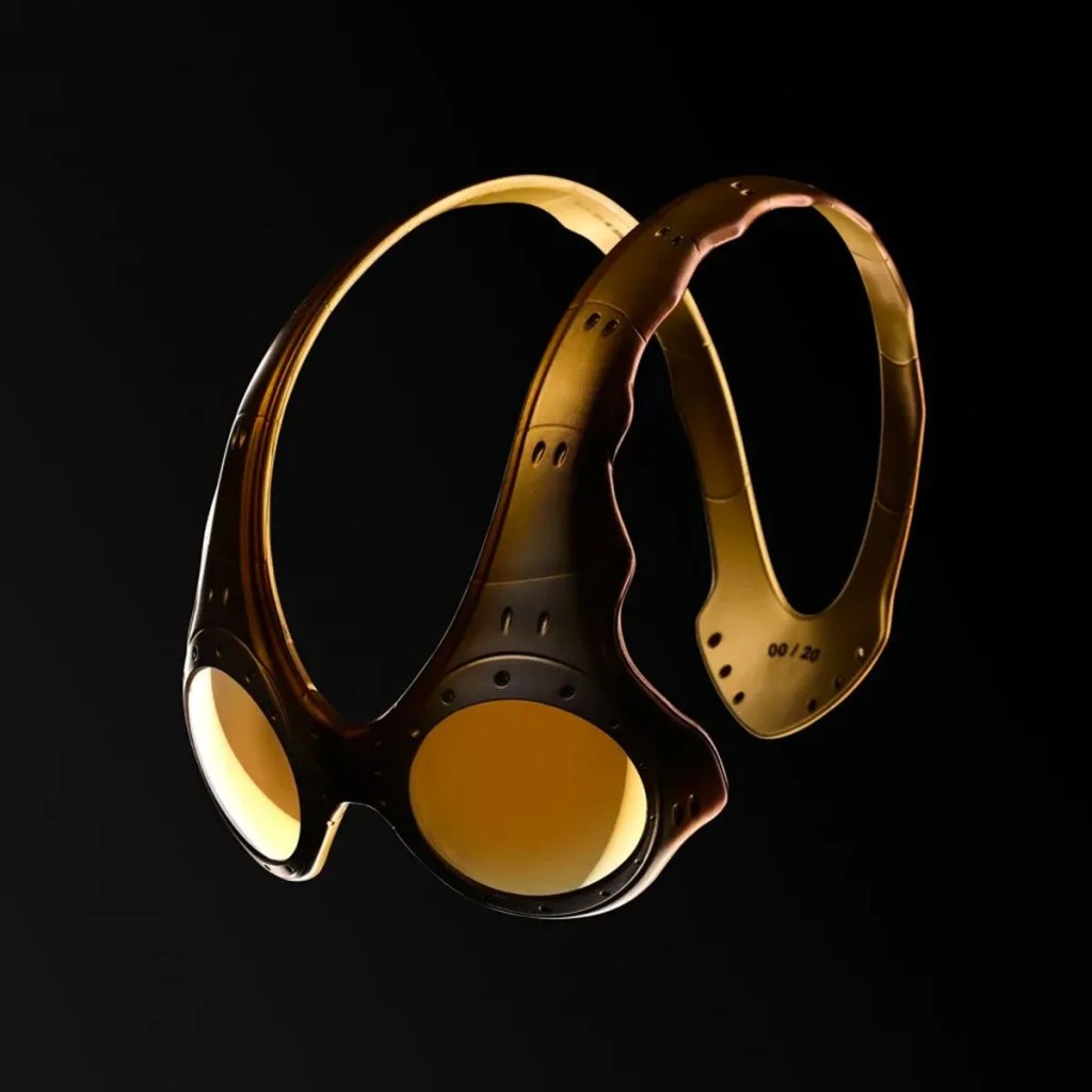 gold sunglasses with frames that go over the top of the head