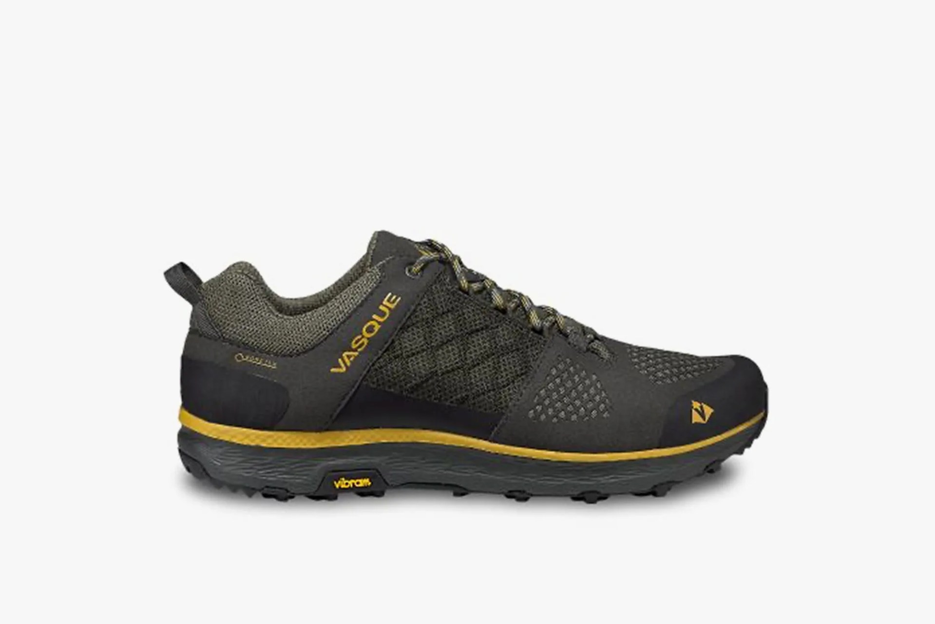 a green and black hiking shoe with yellow highlights