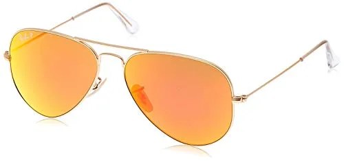 Gold and orange aviator sunglasses on a gray background.
