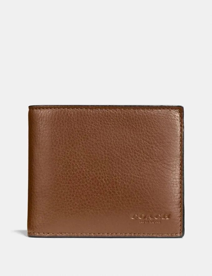 A brown leather wallet on a gray background.