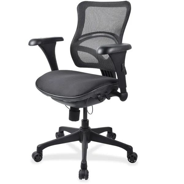 A black office chair on a white background.