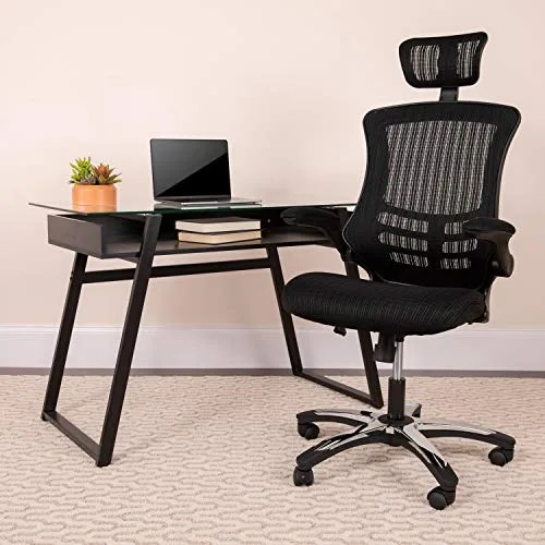 A black office chair and desk