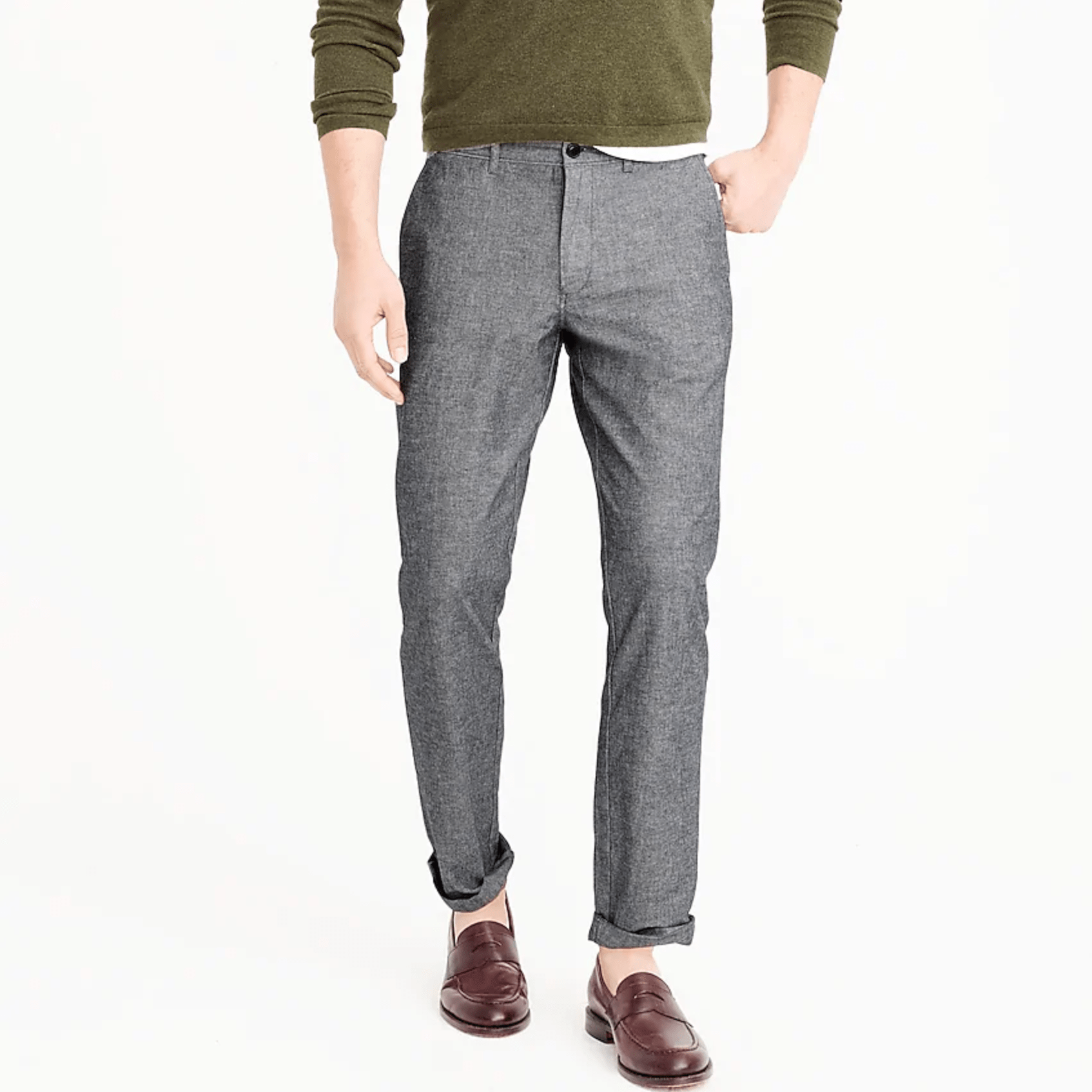 A model wearing gray chinos