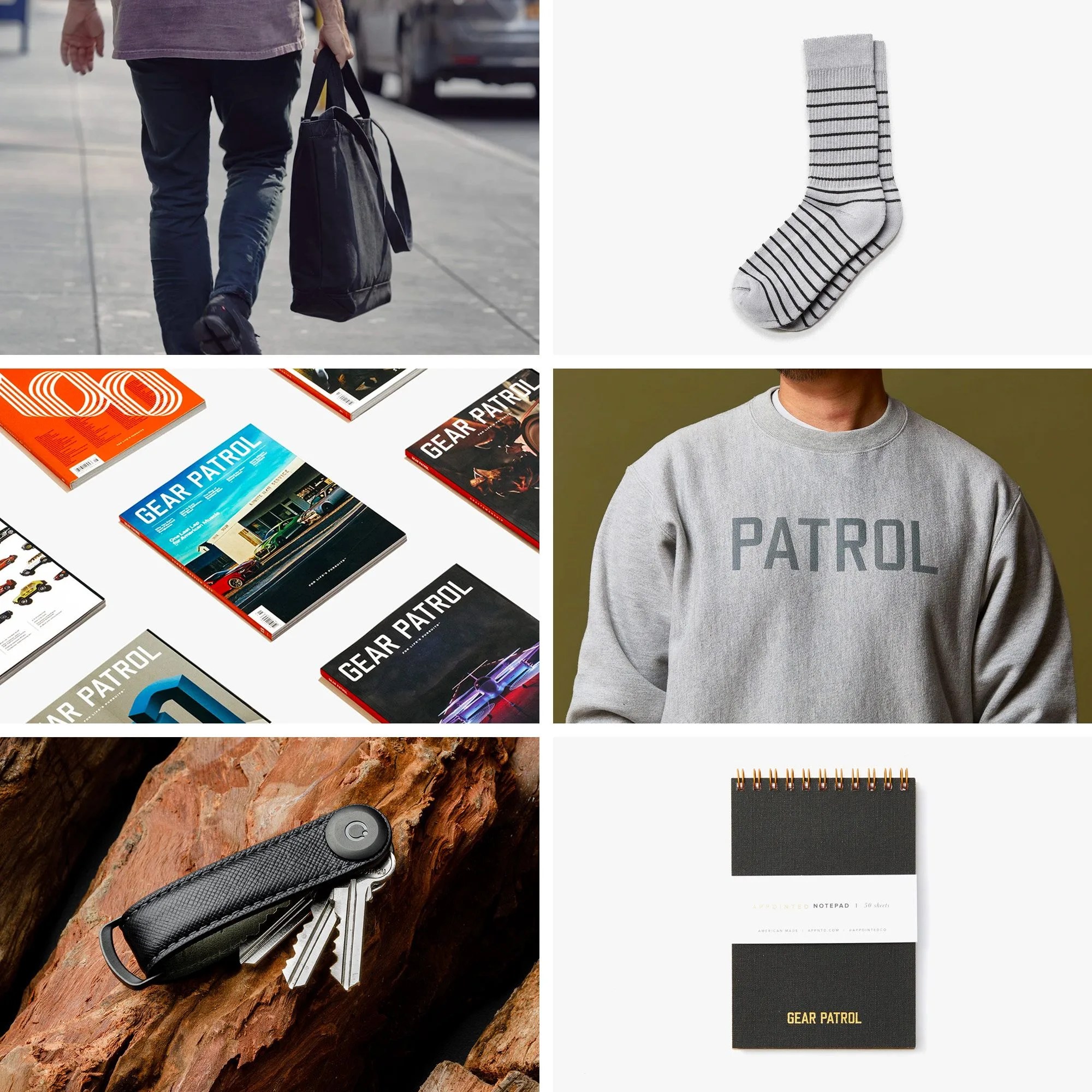 collage showing gear patrol magazine, pair of socks, gray crewneck sweatshirt, keychain holder, and pocket notebook