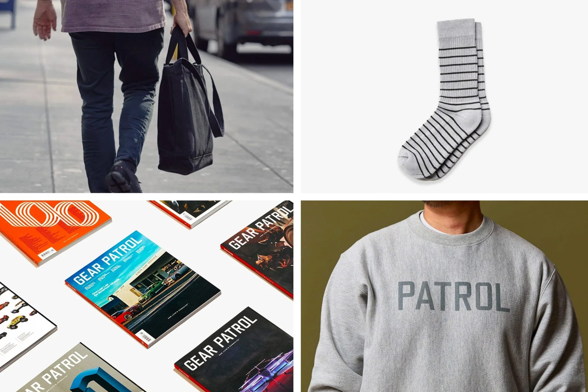 collage showing gear patrol magazine, pair of socks, gray crewneck sweatshirt, keychain holder, and pocket notebook