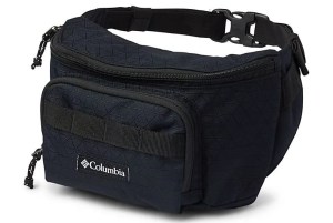 a black hip pack on a gray background