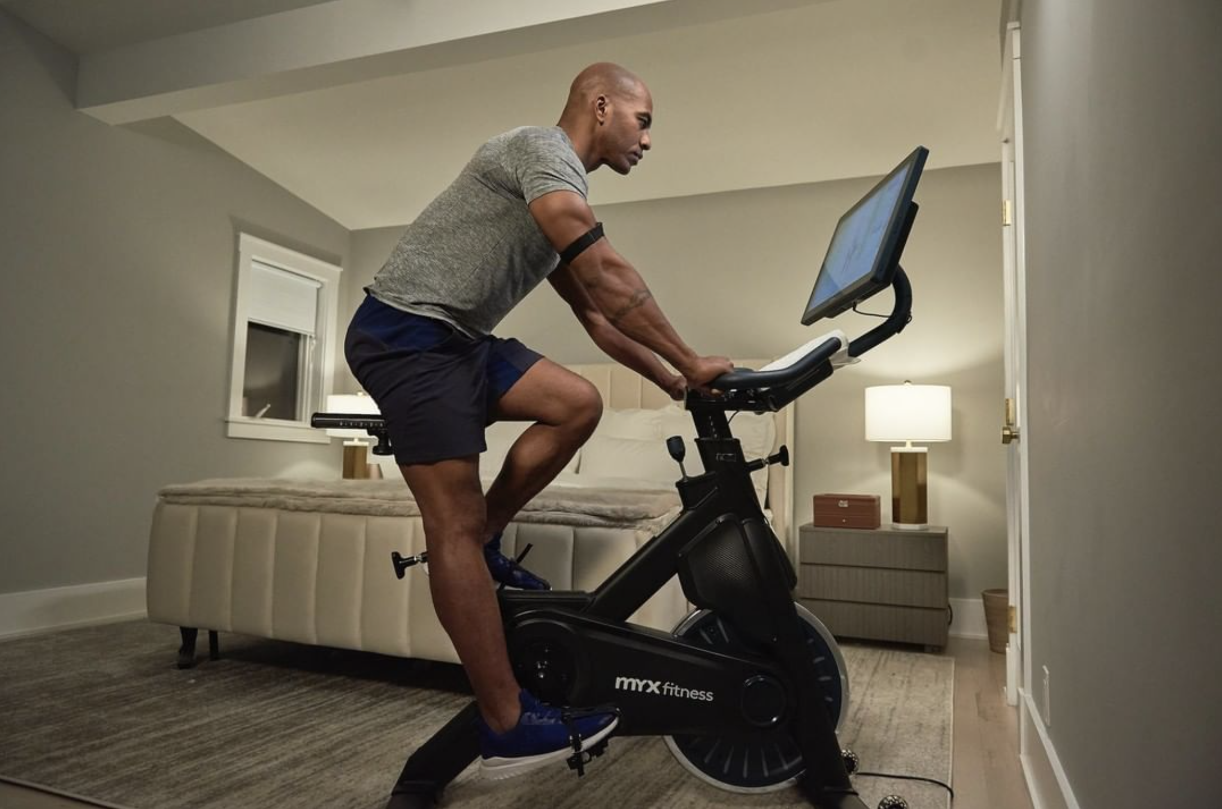 a model using an exercise bike