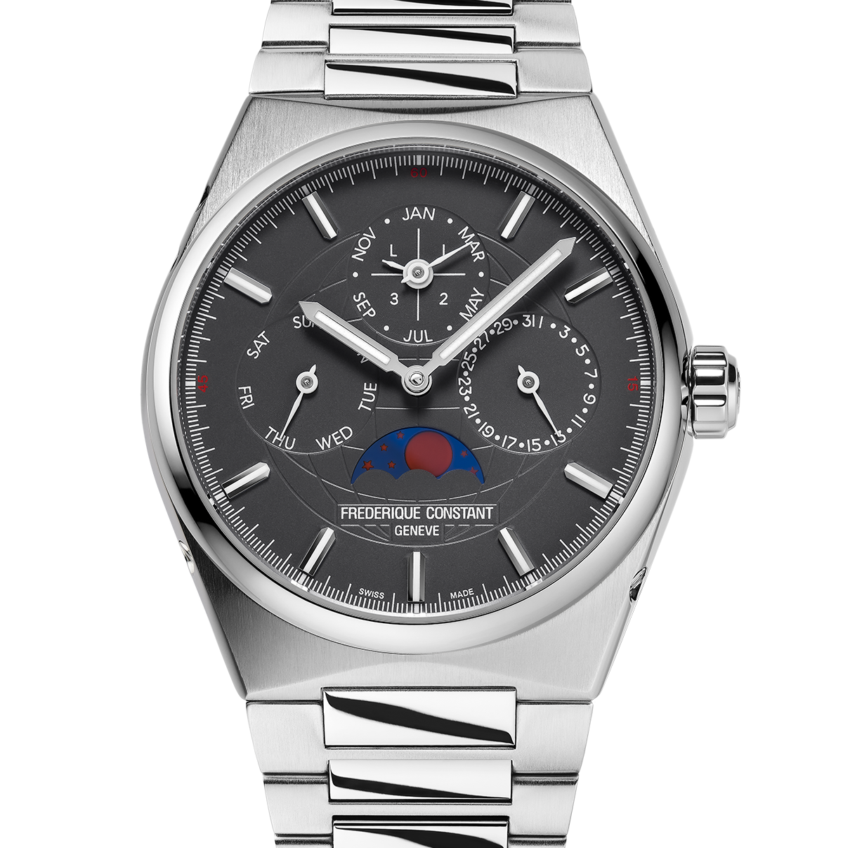 calendar watch on steel bracelet