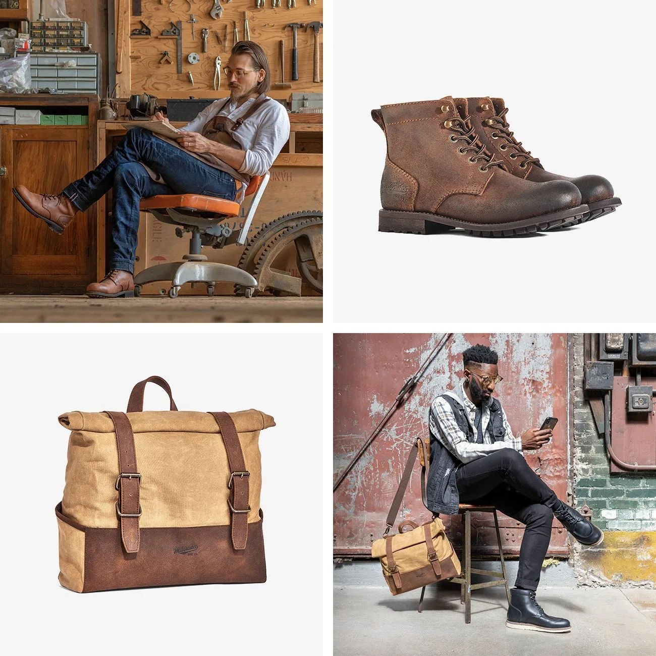 collage showing leather boots, a waxed canvas bag, and two men sitting wearing leather boots