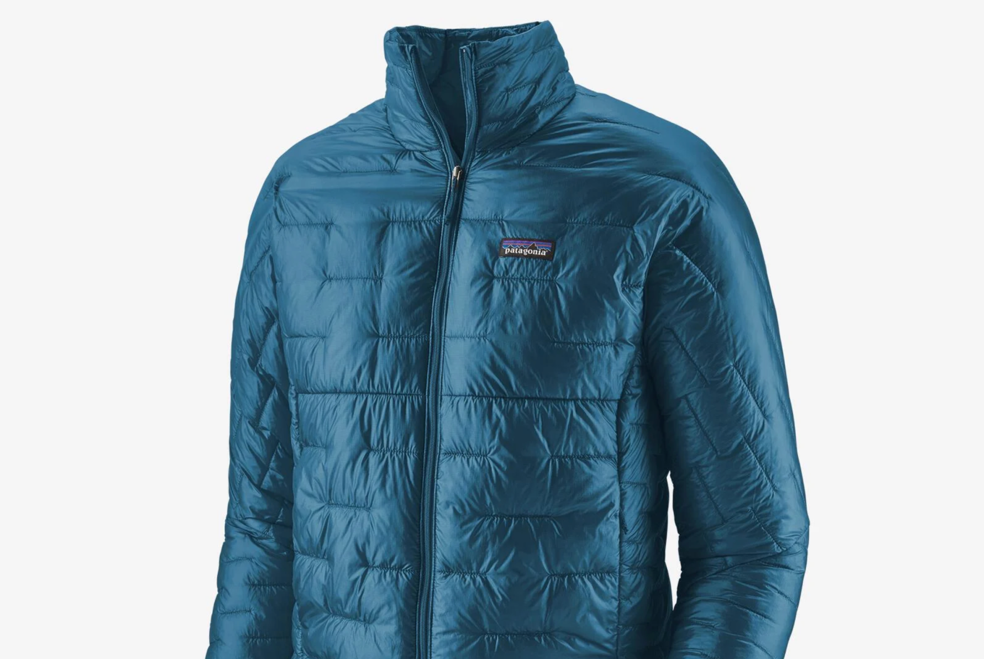 a blue insulated jacket on a gray background