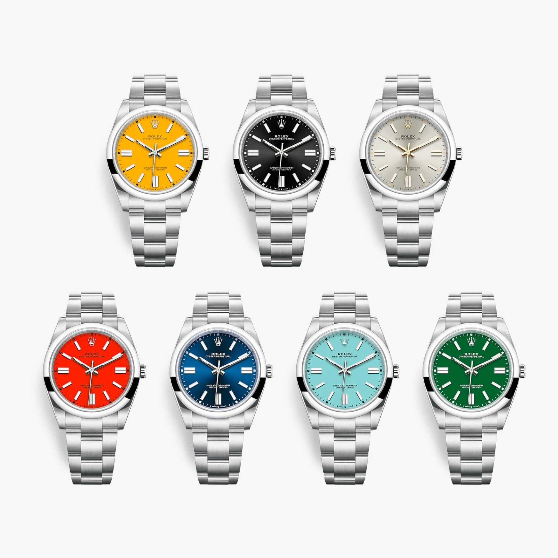 A collection of Rolex Oyster Perpetual Watches with brightly colored faces is shown head-on against a light grey background. Three watches are shown in the top row, while four are shown in the bottom row. 