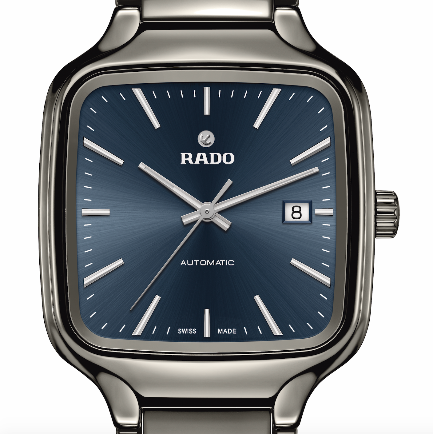 squarish watch with blue dial