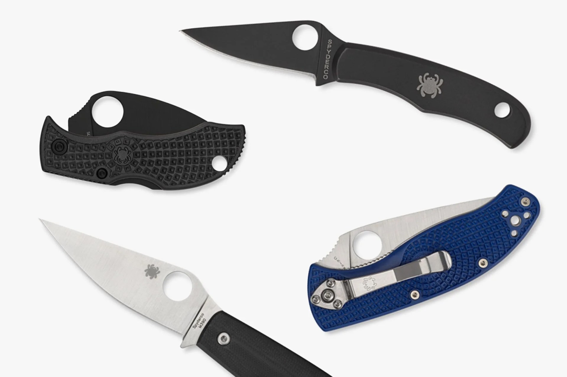 four pocket knives with different shapes and handles