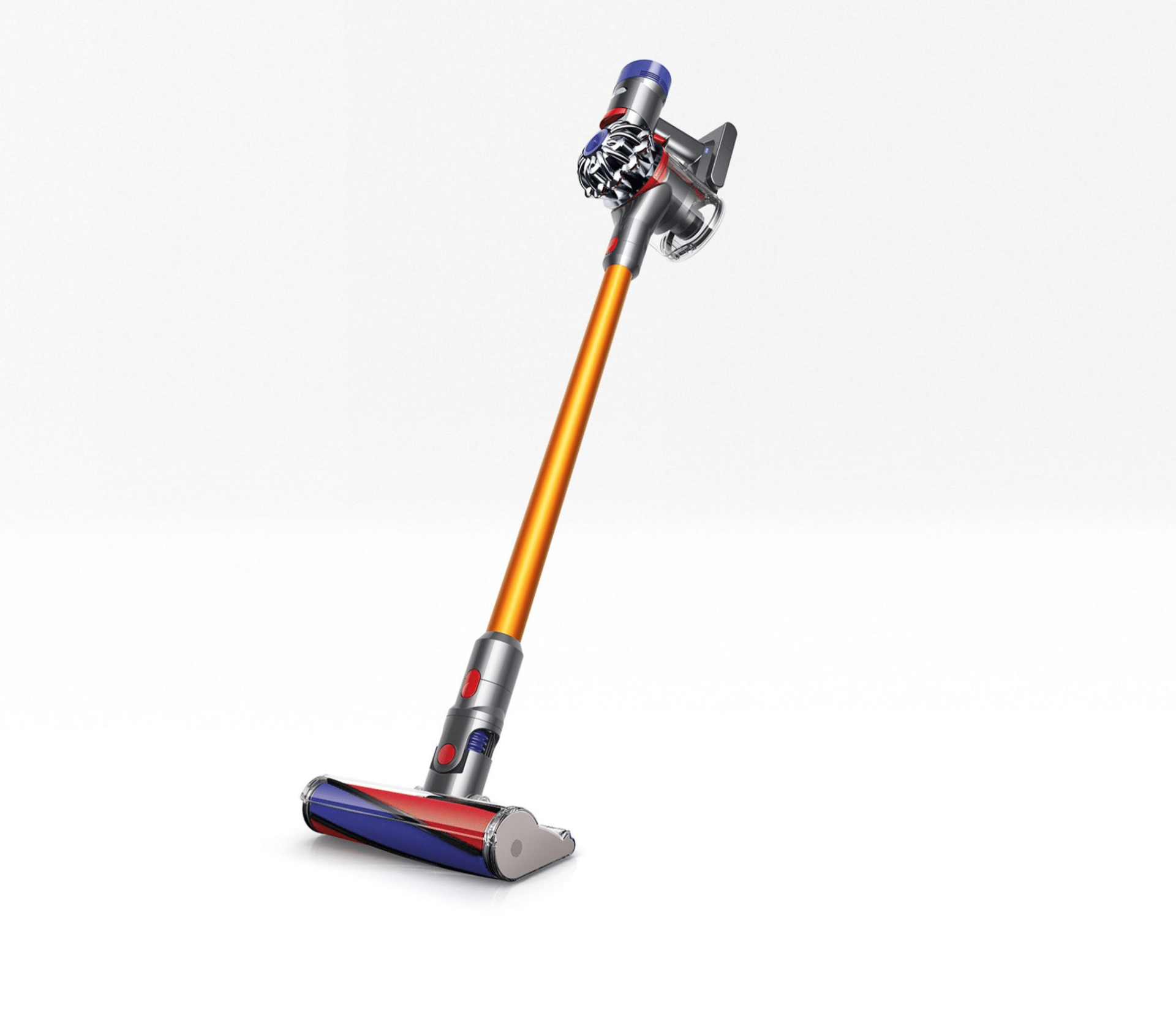 a cordless stick vacuum cleaner on a gray background