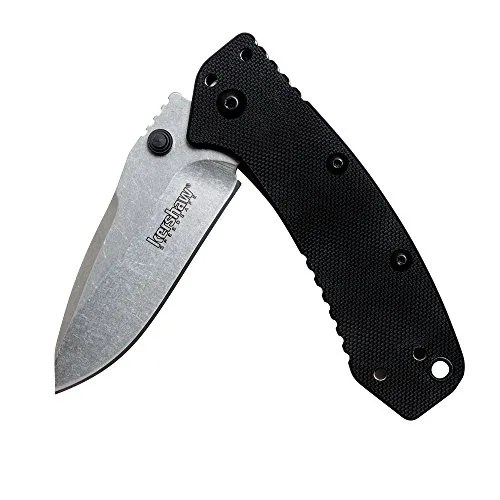 a folding pocket knife with a black handle