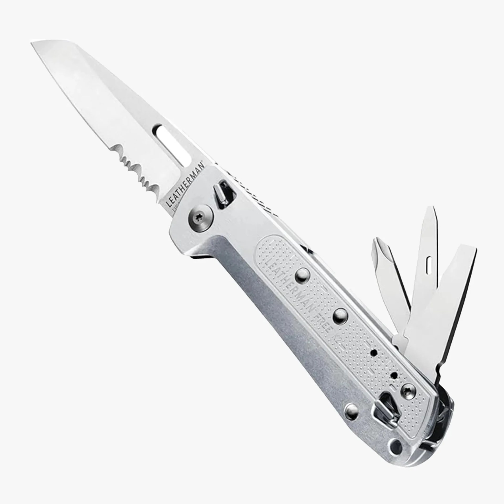 Silver Leatherman multi-tool with partially serrated blade and multiple fold-out tools.