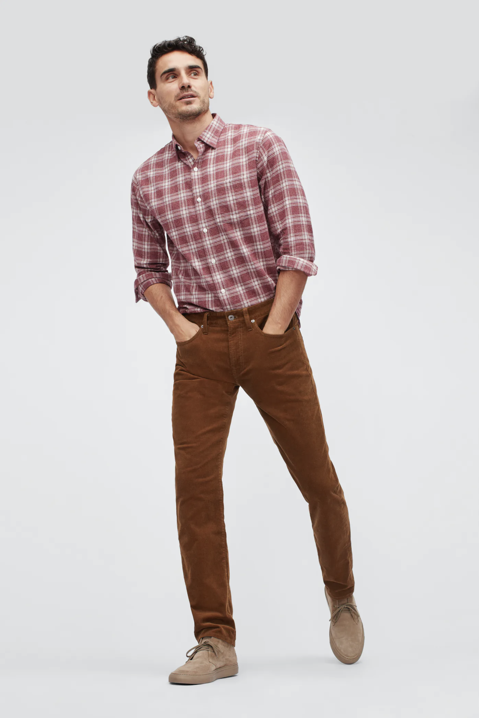 A model wearing corduroy pants