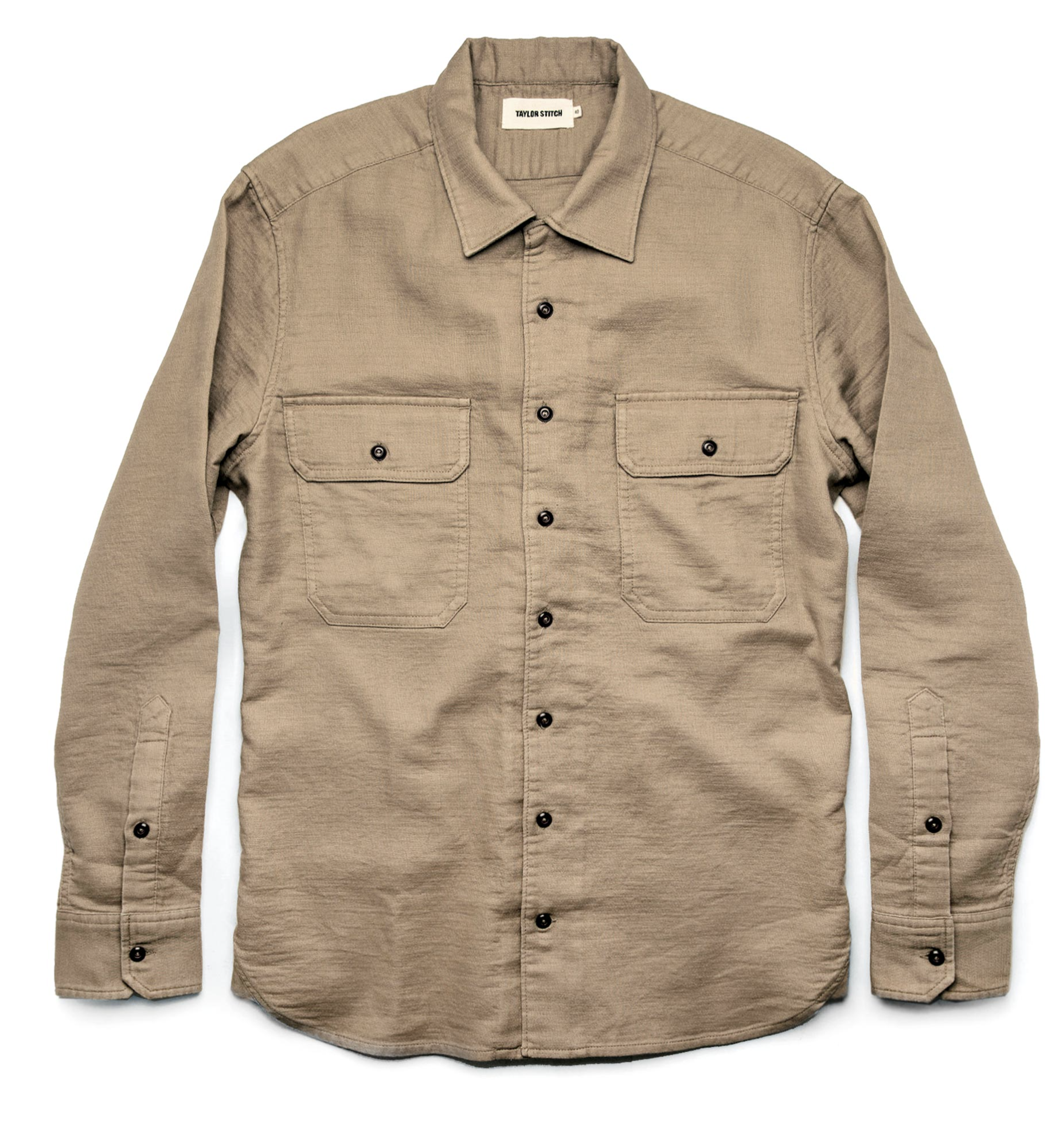 A khaki button down shirt