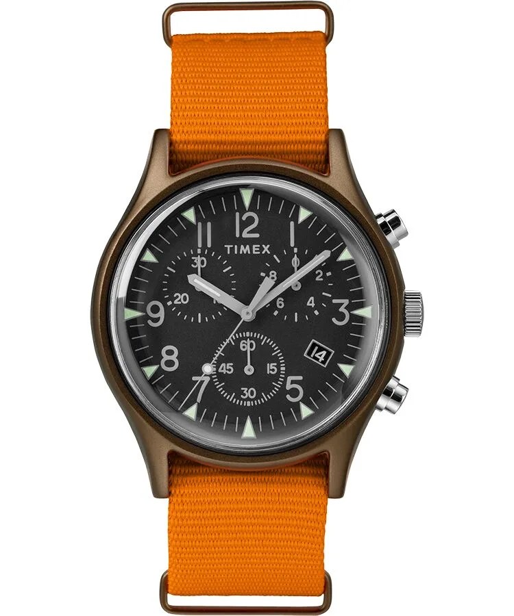 chronograph watch with brown case and orange band
