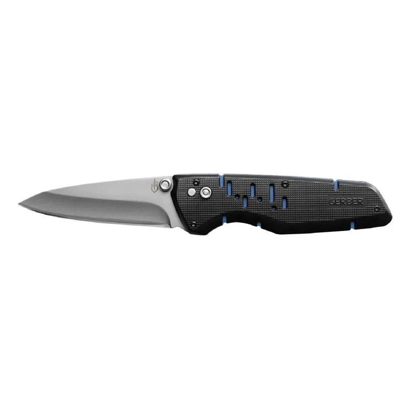 a folding knife with a black and blue handle
