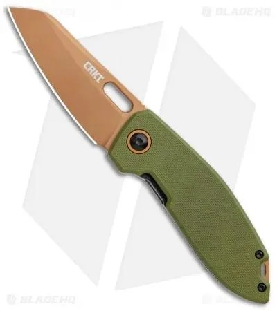 a pocket knife with a green handle and bronze blade
