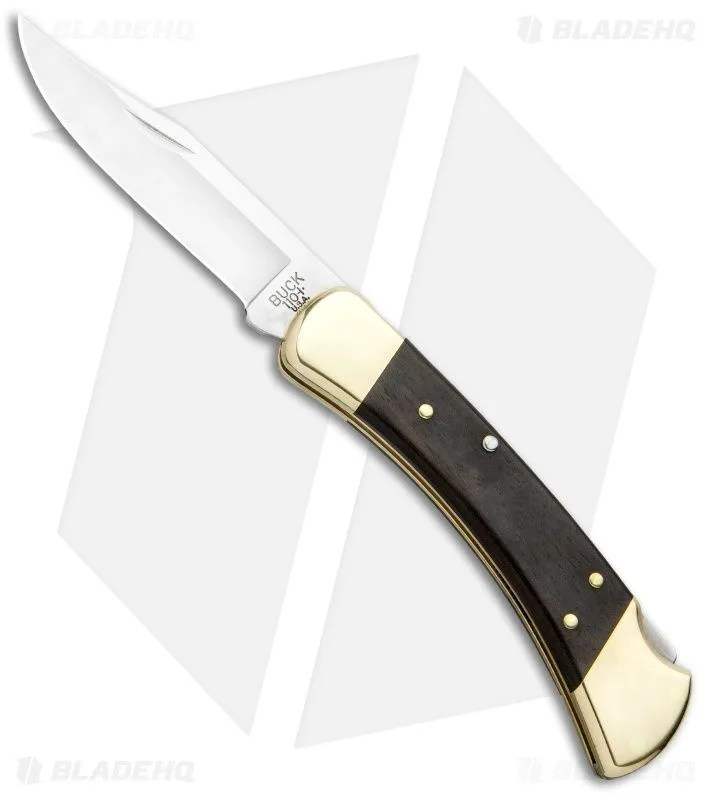 a folding pocket knife with a wooden and brass handle