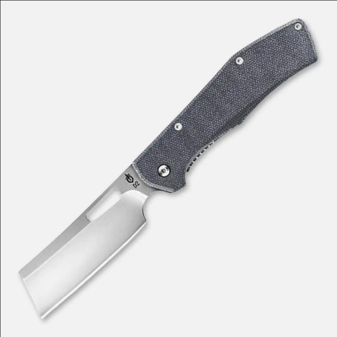 a folding knife with a gray handle