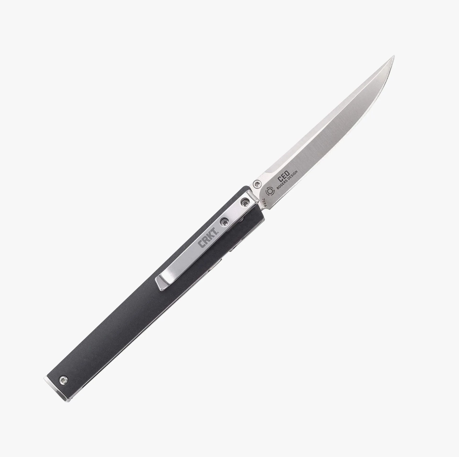a slim pocket knife with a black handle