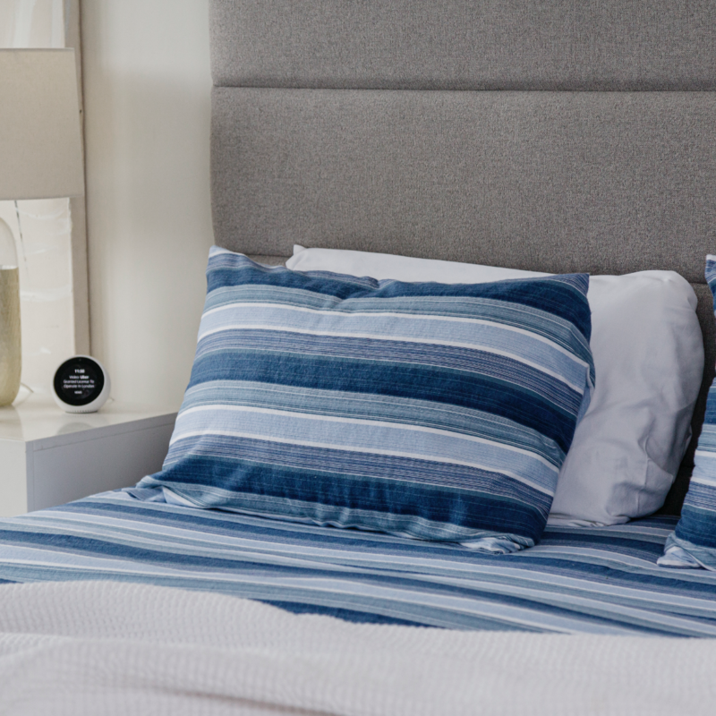blue and white striped pillowcase