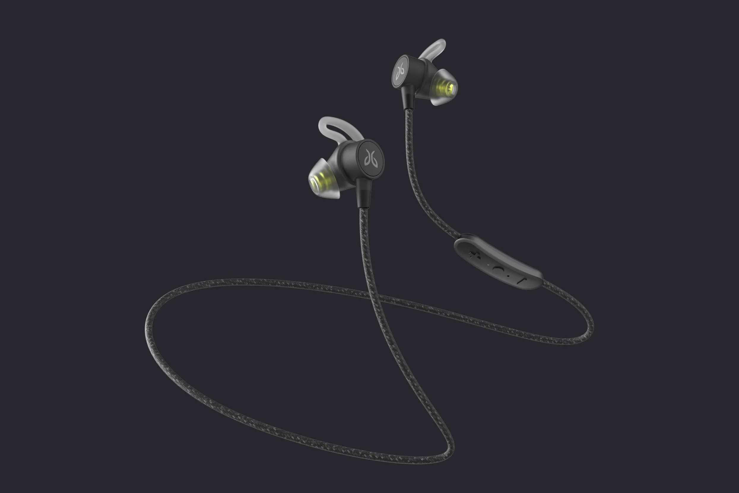 a pair of black wireless earbuds