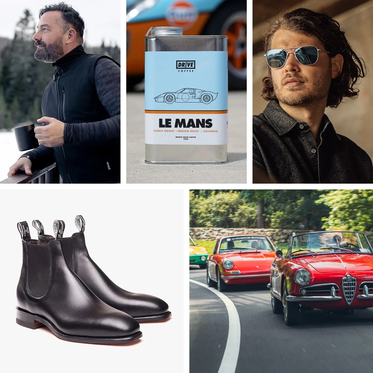 man wearing ewool heated vest, carton of drive coffee, man wearing randolph usa sunglasses, pair of rmwilliams leather boots, and an image of cars at a road  track event