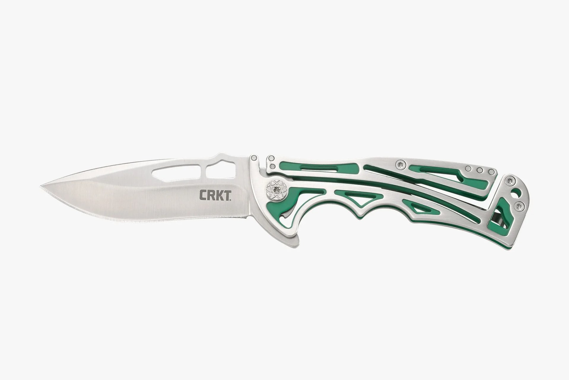 a pocket knife with a green and silver handle