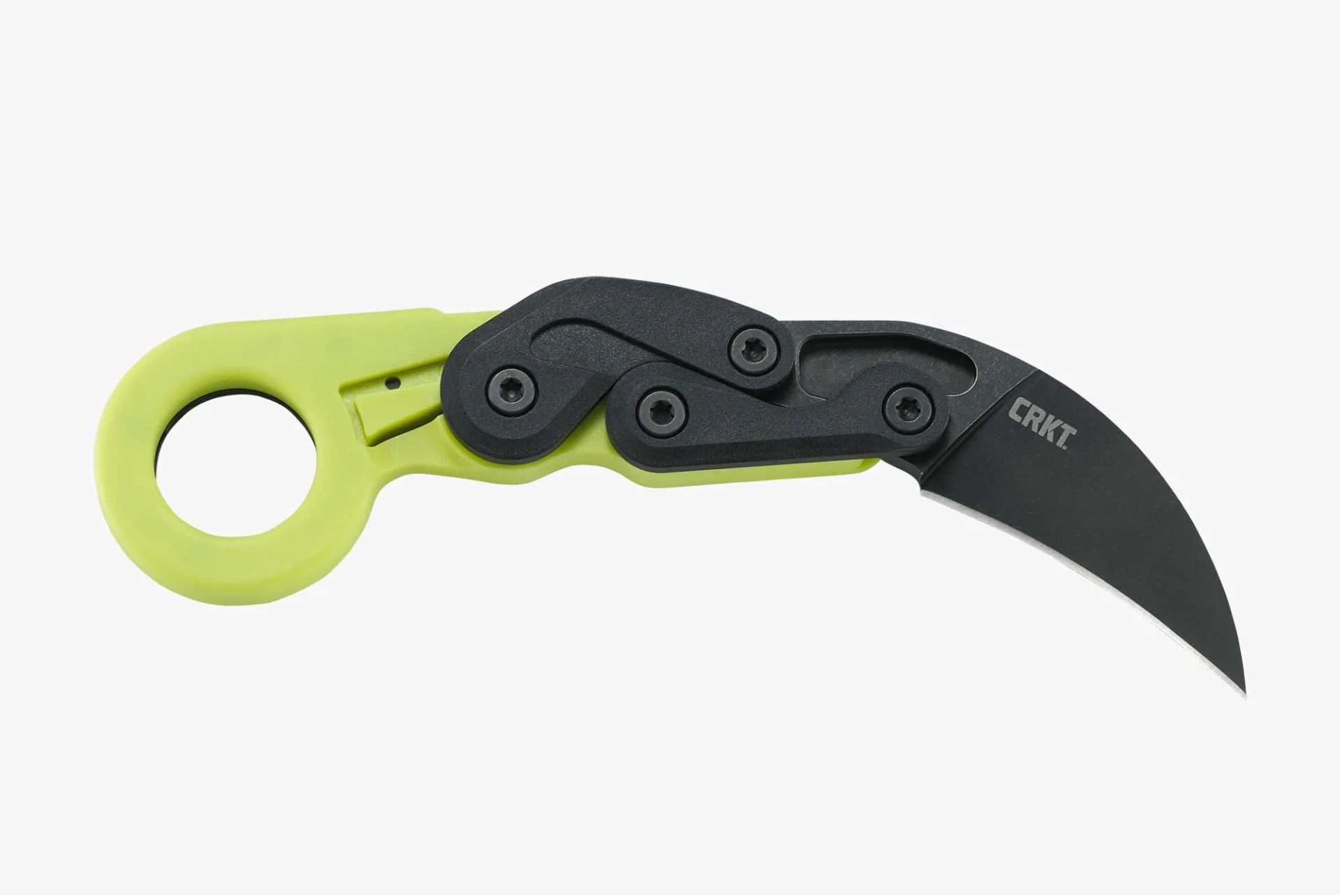 a karambit knife with a green handle