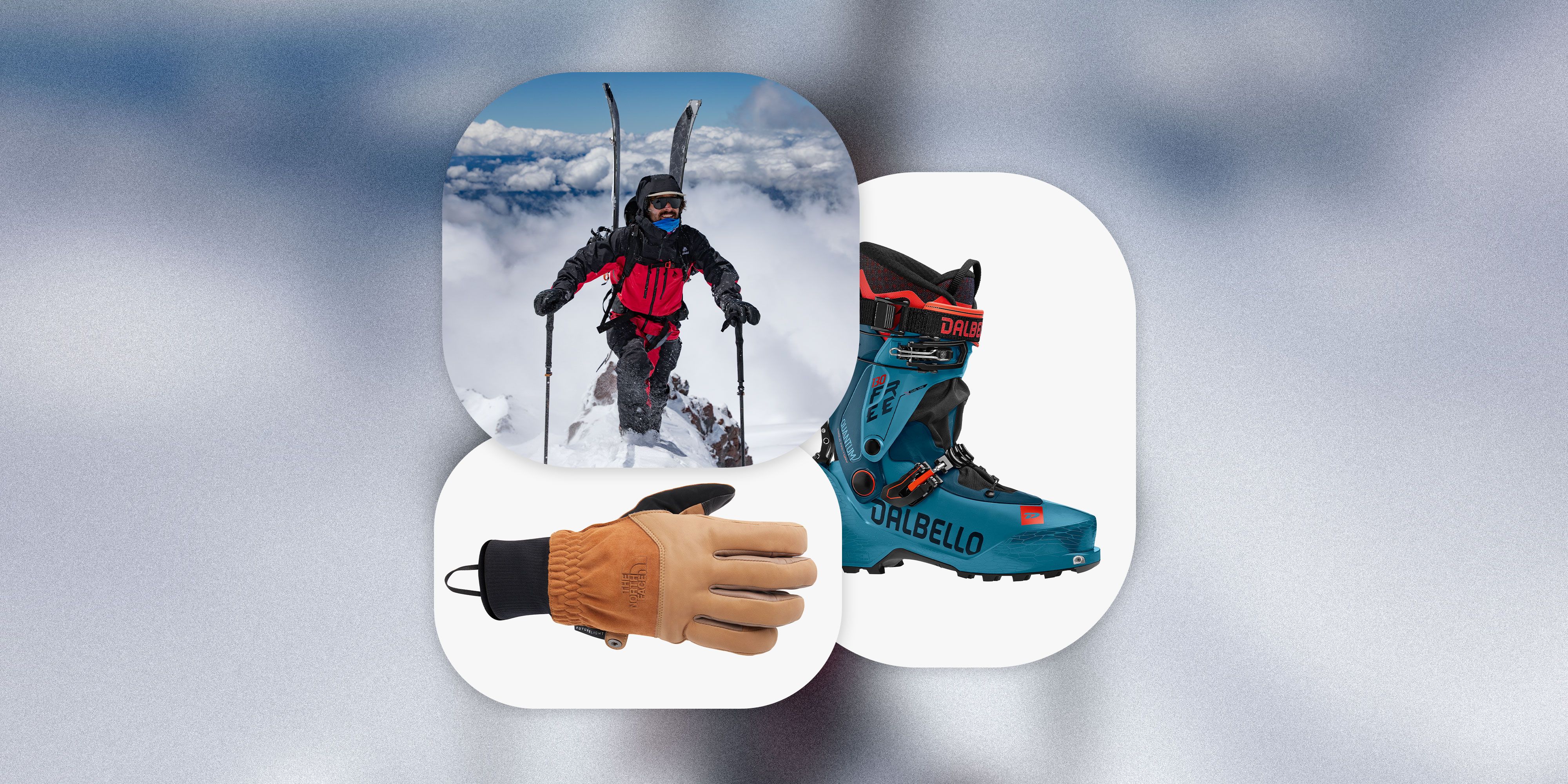 collage of man wearing jones outerwear, dalbello boot, and  north face glove