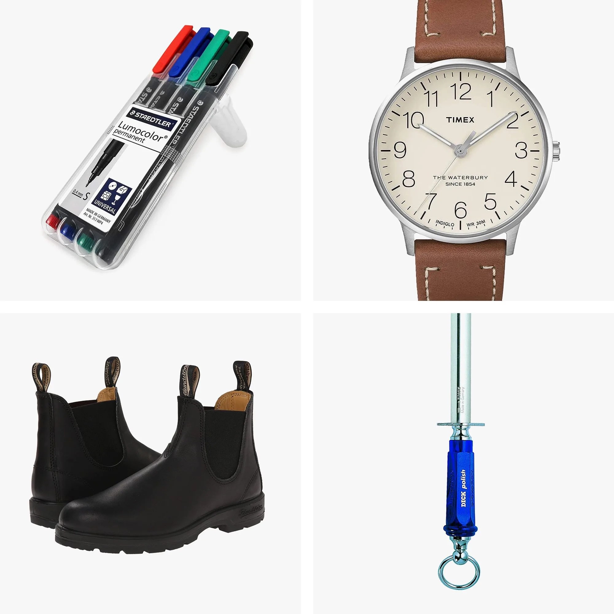 lumocolor markers, timex watch, blundstone shoes, dick honing rod