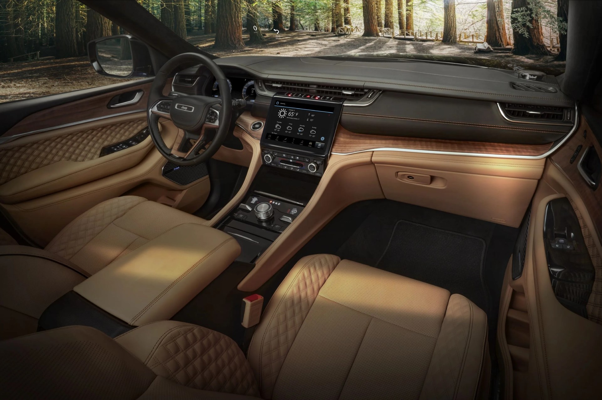 the all new 2021 jeep® grand cherokee l summit reserve model’s spacious interior features standard 10 inch display screens, including a frameless digital gauge cluster and 101 inch uconnect 5 touchscreen radio, hand wrapped, quilted palermo leather and open pore waxed walnut wood accents, all new led lighting with ambient features, driver and front passenger seat massage and personalized climate zones