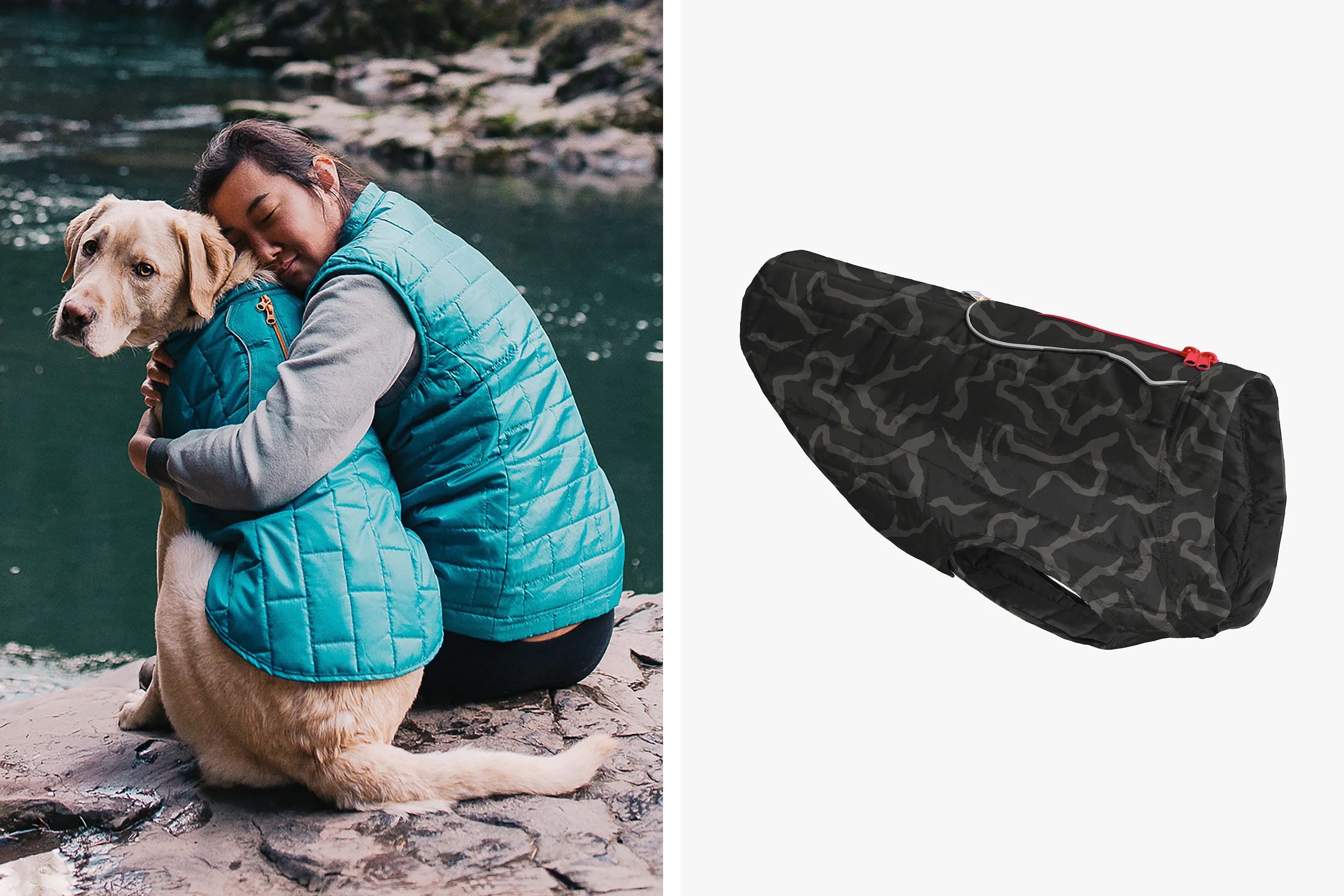 man hugging a dog wearing the kurgo quilted dog jacket