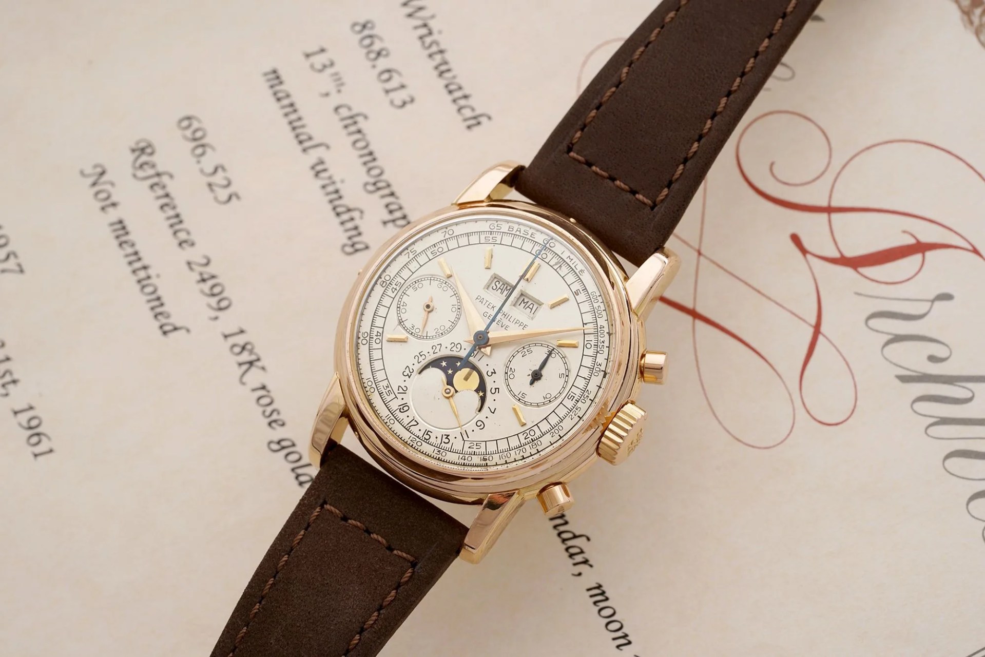 A super rare second-series 2499 in pink gold with German calendar.