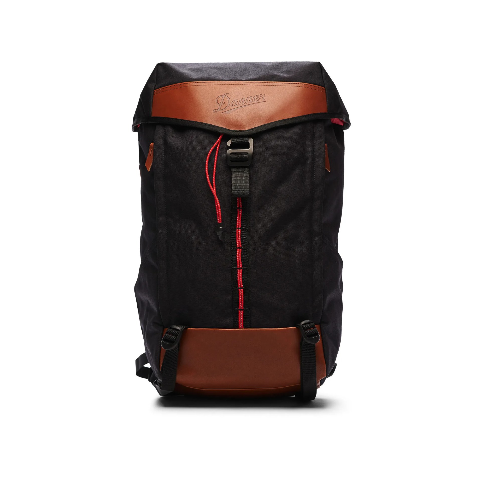 a black backpack with brown leather accents