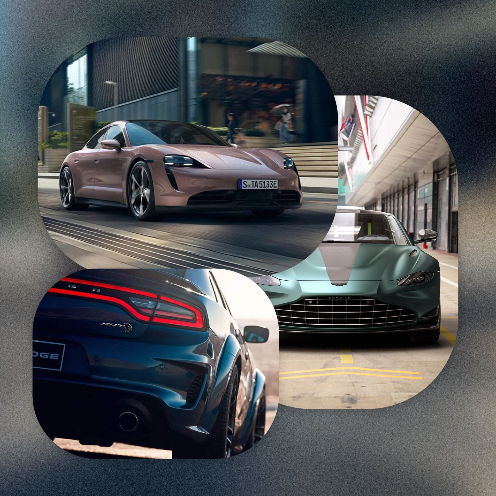 bng aston martin, dodge charger, and porsche