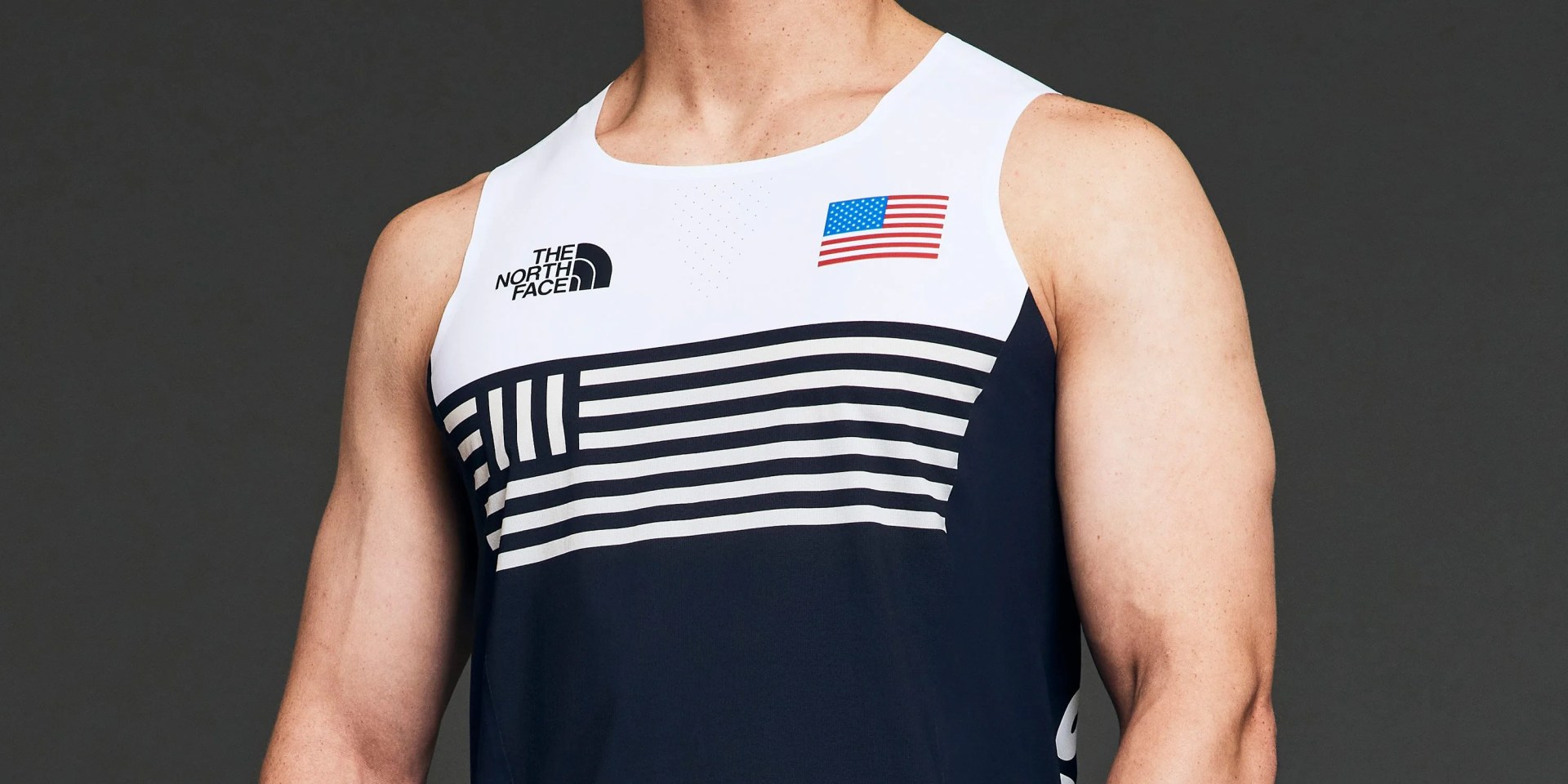 a close up of the north faces olympic climbing uniform