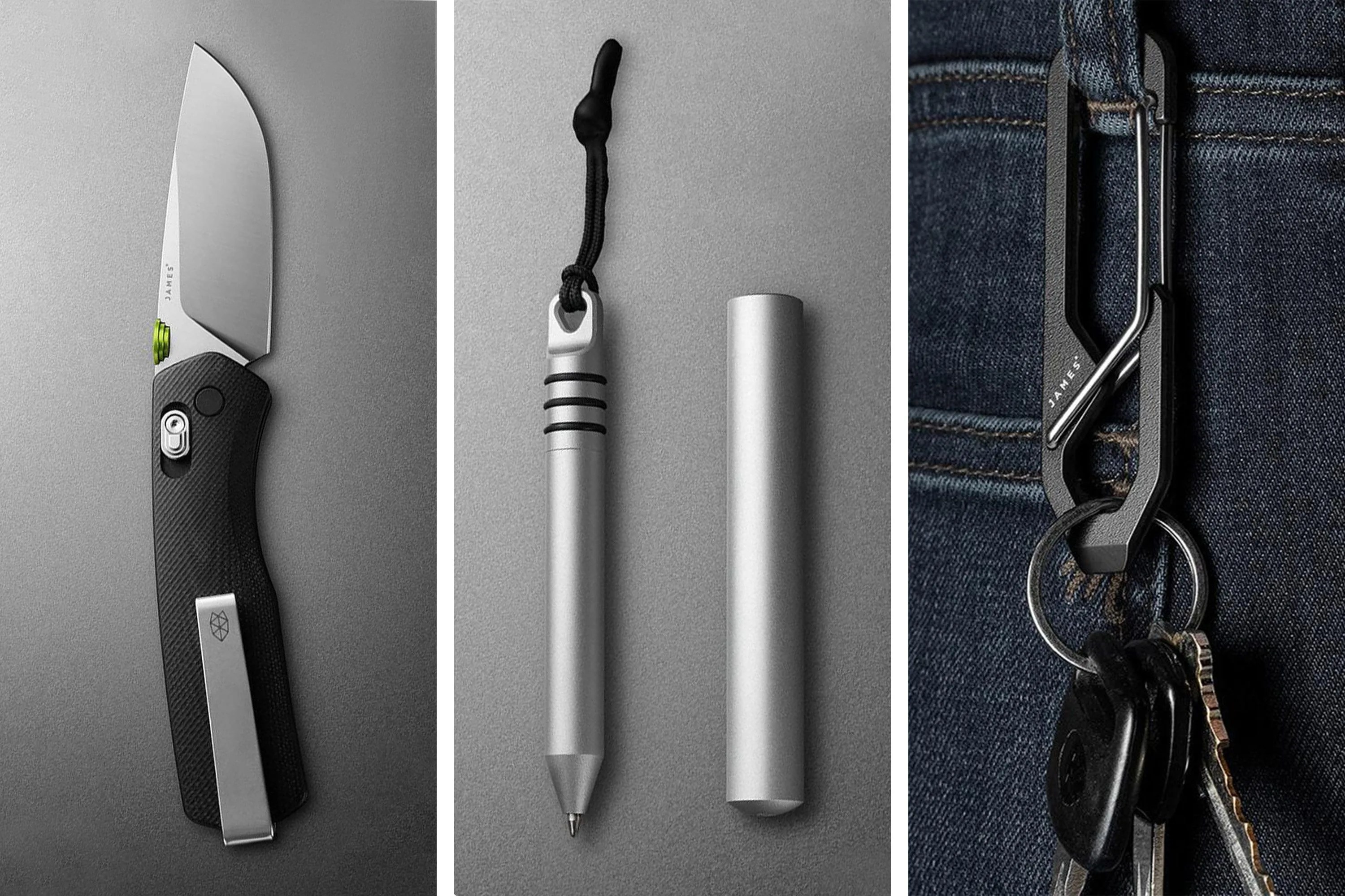 the carter knife,  the stillwell pen,  the holcombe carabiner