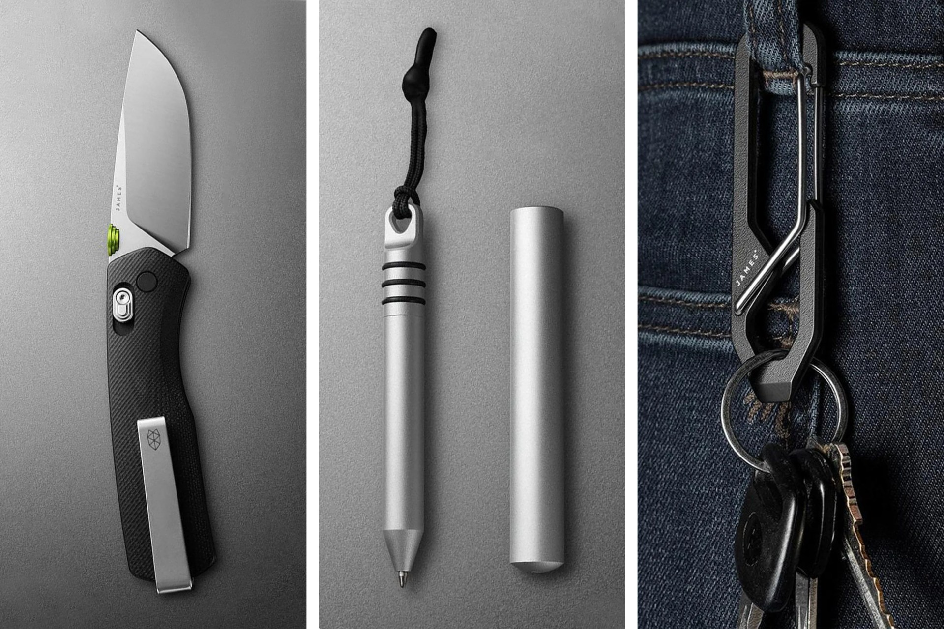 the carter knife, the stillwell pen, the holcombe carabiner