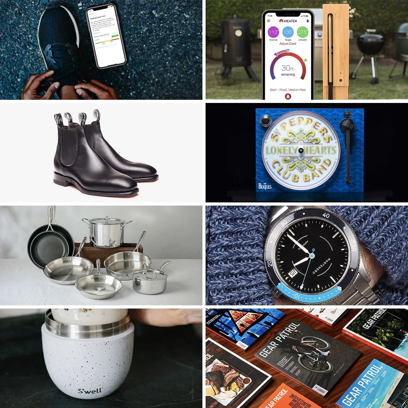 collage of insidetracker app, meater thermometer, rmwilliams boots, martenero watch, sardel pans, project turntable, s'well container, and gear patrol magazine