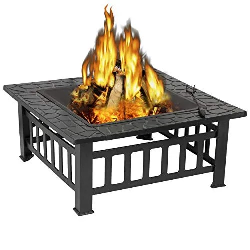 ZENY 32’’ Outdoor Fire Pits BBQ Square Firepit Table Backyard Patio Garden Fire Bowl Stove Wood Burning Firepit Fireplace with Spark Screen Cover,Poker,Fire Pit Cover,Grill for Campfire Bonfire