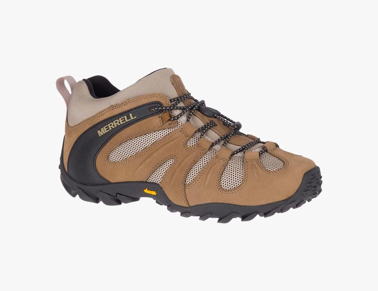 a brown hiking shoe with mesh panels