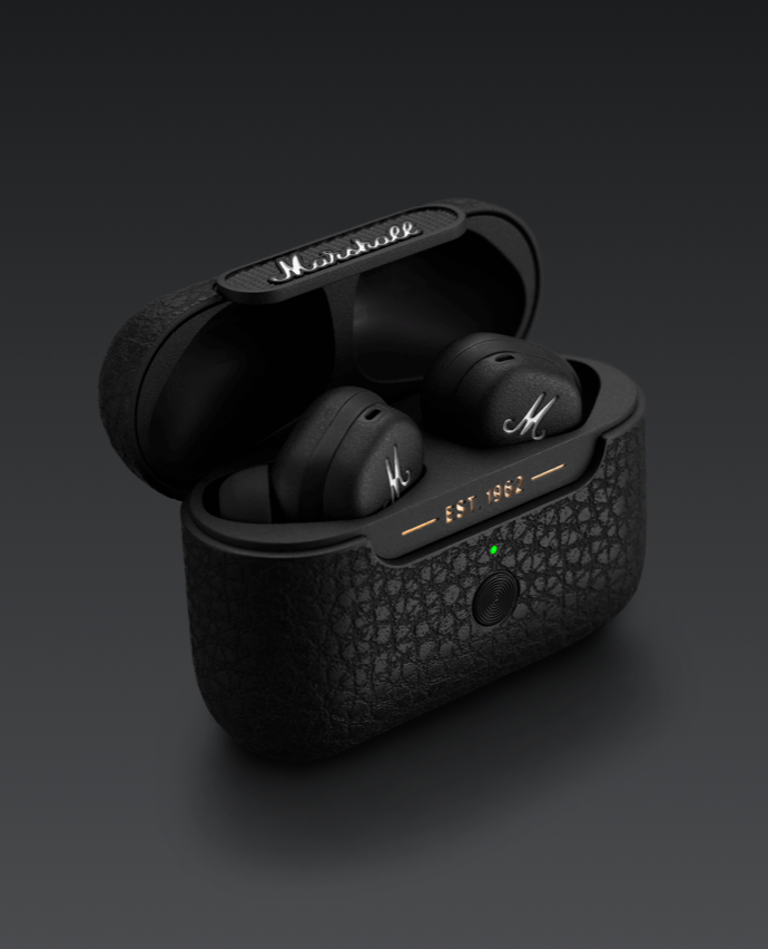 marshall black earbuds in charging case