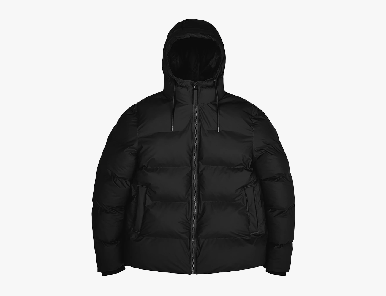 a black rains puffer jacket on a white background